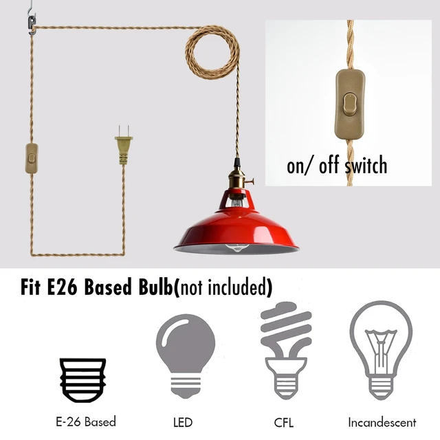 Alt view image 3 of 7 - Plug-in Pendant Light Vintage Red Barn Shade-10.06" W with Switch Flexible Hanging Light, Adjutable 216.5"L Cord with On-Off Switch Swag Lamp for Kitchen Bar Dining Foyer Cafe Bedroom