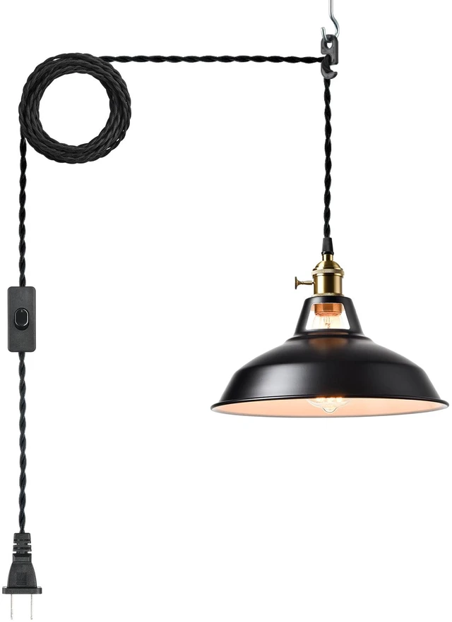 Main image of Industrial Plug in Pendant Light, Black Farmhouse Barn Light 17ft Cord, E26 Swag Hanging Light Fixture for Kitchen Dining Room Bedroom Bar Cafe Restaurant Loft, Dual Switch