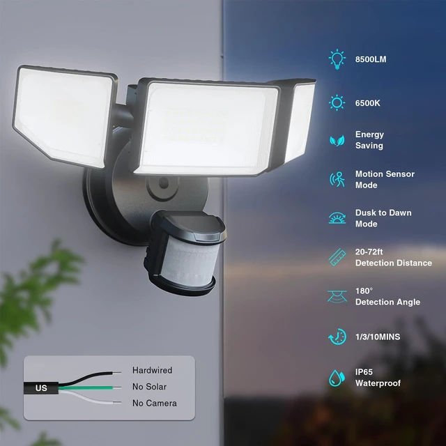 Alt view image 3 of 7 - 85W Motion Sensor Outdoor Light, 8500LM Ultra-Bright LED Security Light with 3 Adjustable Heads, IP65 Waterproof Dusk to Dawn Flood Light for Garage, Yard, and Driveway, 6500K Daylight, Black