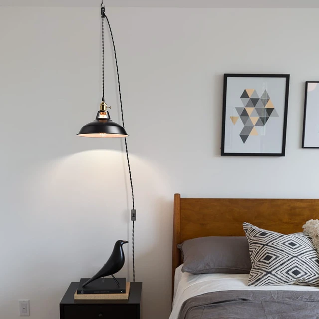 Alt view image 5 of 7 - Industrial Plug in Pendant Light, Black Farmhouse Barn Light 17ft Cord, E26 Swag Hanging Light Fixture for Kitchen Dining Room Bedroom Bar Cafe Restaurant Loft, Dual Switch