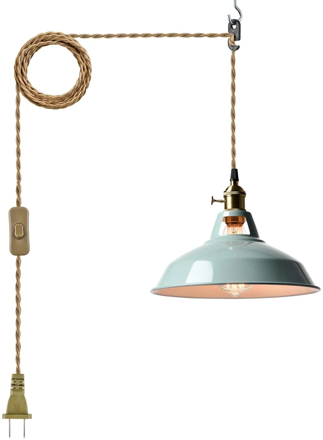 Main image of Modern Macaron Plug-in Plendant Light,10.6-Inch Metal Barn Shade Swag Hanging Light Fixtures with Adjustable 17.06 Feet Plug Cord Pendant for Kitchen Bar Dining Bedroom,Sea Blue