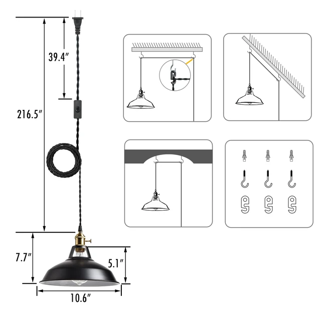 Alt view image 7 of 7 - Industrial Plug in Pendant Light, Black Farmhouse Barn Light 17ft Cord, E26 Swag Hanging Light Fixture for Kitchen Dining Room Bedroom Bar Cafe Restaurant Loft, Dual Switch