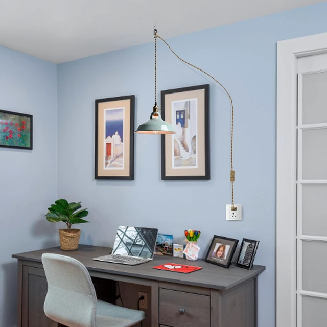 Alt view image 3 of 7 - Modern Macaron Plug-in Plendant Light,10.6-Inch Metal Barn Shade Swag Hanging Light Fixtures with Adjustable 17.06 Feet Plug Cord Pendant for Kitchen Bar Dining Bedroom,Sea Blue