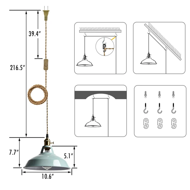Alt view image 7 of 7 - Modern Macaron Plug-in Plendant Light,10.6-Inch Metal Barn Shade Swag Hanging Light Fixtures with Adjustable 17.06 Feet Plug Cord Pendant for Kitchen Bar Dining Bedroom,Sea Blue