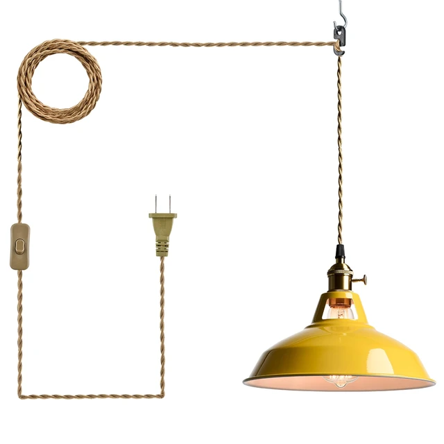 Main image of Nordic Plug in Hanging Pendant Light with Yellow Metal Barn Shade 10.6"W Barn Shade, E26 Hanging Swag Light Fixture with Switch for Kitchen Bedroom Foyer Dining Bar Reataurant Cafe Loft