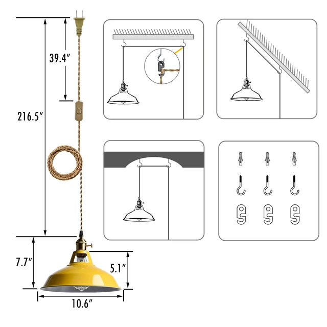Alt view image 2 of 7 - Nordic Plug in Hanging Pendant Light with Yellow Metal Barn Shade 10.6"W Barn Shade, E26 Hanging Swag Light Fixture with Switch for Kitchen Bedroom Foyer Dining Bar Reataurant Cafe Loft