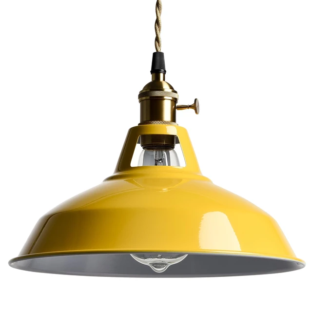 Alt view image 3 of 7 - Nordic Plug in Hanging Pendant Light with Yellow Metal Barn Shade 10.6"W Barn Shade, E26 Hanging Swag Light Fixture with Switch for Kitchen Bedroom Foyer Dining Bar Reataurant Cafe Loft