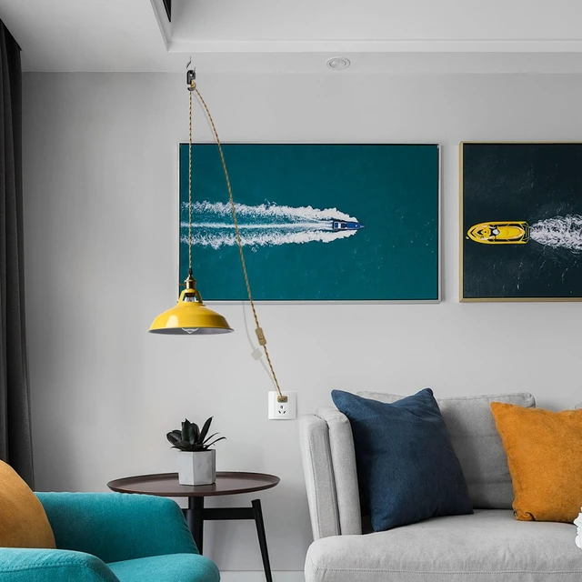 Alt view image 4 of 7 - Nordic Plug in Hanging Pendant Light with Yellow Metal Barn Shade 10.6"W Barn Shade, E26 Hanging Swag Light Fixture with Switch for Kitchen Bedroom Foyer Dining Bar Reataurant Cafe Loft