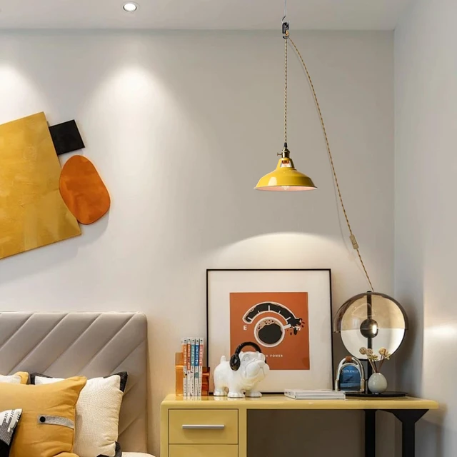 Alt view image 5 of 7 - Nordic Plug in Hanging Pendant Light with Yellow Metal Barn Shade 10.6"W Barn Shade, E26 Hanging Swag Light Fixture with Switch for Kitchen Bedroom Foyer Dining Bar Reataurant Cafe Loft