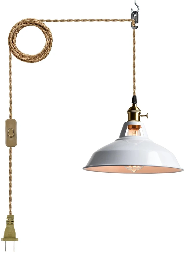 Main image of Nordic Plug in Pendant Light White Barn Shade with Dual Switches 216.5" Plug Cord, Metal Barn Shade, On/off and Rotary Switches, E26 Removable Swag Light for Any Indoor Spaces