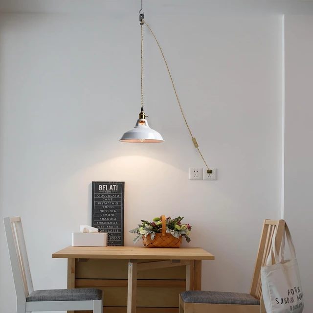 Alt view image 2 of 7 - Nordic Plug in Pendant Light White Barn Shade with Dual Switches 216.5" Plug Cord, Metal Barn Shade, On/off and Rotary Switches, E26 Removable Swag Light for Any Indoor Spaces