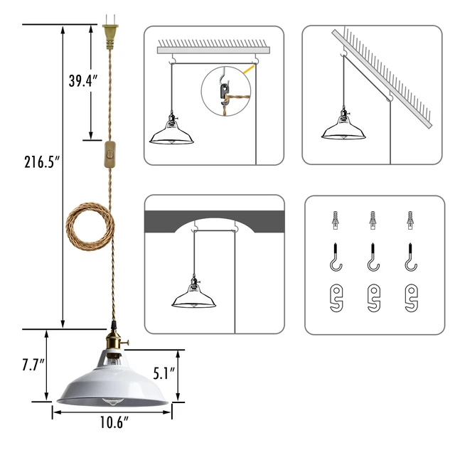 Alt view image 3 of 7 - Nordic Plug in Pendant Light White Barn Shade with Dual Switches 216.5" Plug Cord, Metal Barn Shade, On/off and Rotary Switches, E26 Removable Swag Light for Any Indoor Spaces