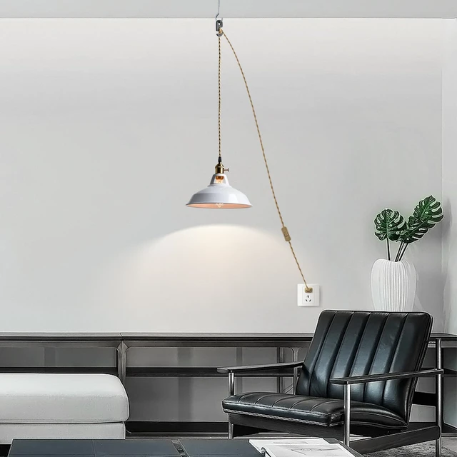 Alt view image 4 of 7 - Nordic Plug in Pendant Light White Barn Shade with Dual Switches 216.5" Plug Cord, Metal Barn Shade, On/off and Rotary Switches, E26 Removable Swag Light for Any Indoor Spaces