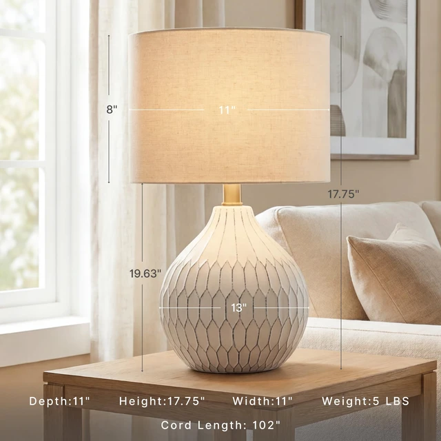 Alt view image 2 of 7 - Ceramic Table Lamp, Bedside, Antique White Textured wave ceramic base, Compact 18-inch height ideal for bedside nightstands and transitional styling, Wardmont Series