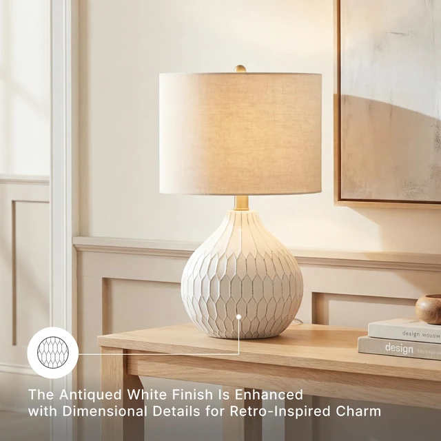 Alt view image 4 of 7 - Ceramic Table Lamp, Bedside, Antique White Textured wave ceramic base, Compact 18-inch height ideal for bedside nightstands and transitional styling, Wardmont Series
