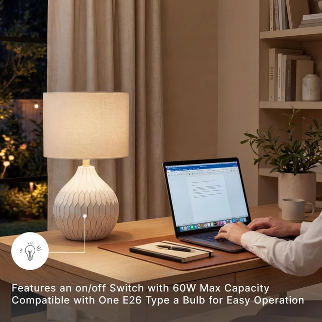 Alt view image 5 of 7 - Ceramic Table Lamp, Bedside, Antique White Textured wave ceramic base, Compact 18-inch height ideal for bedside nightstands and transitional styling, Wardmont Series