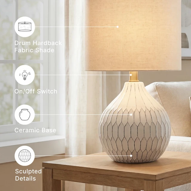 Alt view image 6 of 7 - Ceramic Table Lamp, Bedside, Antique White Textured wave ceramic base, Compact 18-inch height ideal for bedside nightstands and transitional styling, Wardmont Series