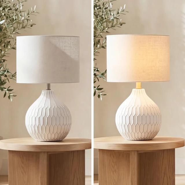 Alt view image 7 of 7 - Ceramic Table Lamp, Bedside, Antique White Textured wave ceramic base, Compact 18-inch height ideal for bedside nightstands and transitional styling, Wardmont Series