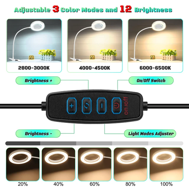 Alt view image 2 of 7 - 10X Magnifying Glass with Light and Stand,Hands Free Clip on Magnifier Lamp 48 LED 3 Color Modes 12 Brightness, Flexible Gooseneck Desk Light for Reading Crafts Sewing Soldering Jewelry Repair