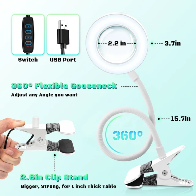 Alt view image 5 of 7 - 10X Magnifying Glass with Light and Stand,Hands Free Clip on Magnifier Lamp 48 LED 3 Color Modes 12 Brightness, Flexible Gooseneck Desk Light for Reading Crafts Sewing Soldering Jewelry Repair