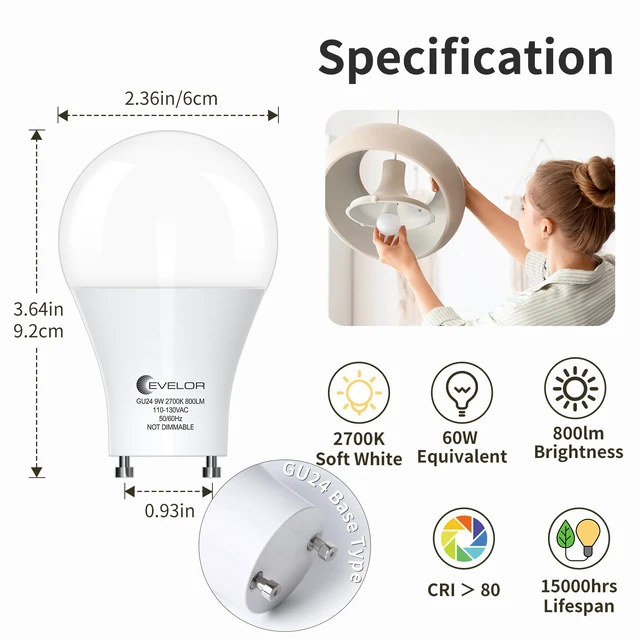 Alt view image 2 of 7 - GU24 LED Light Bulbs,60 Watt Equivalent,Soft White 2700K,6-Packs Efficient 9W,Non-Dimmable,800 LM Twist and Lock 2 Prong Warm Light Bulbs,15000 Hours,Ideal for Kitchen,Living Room,Bedroom