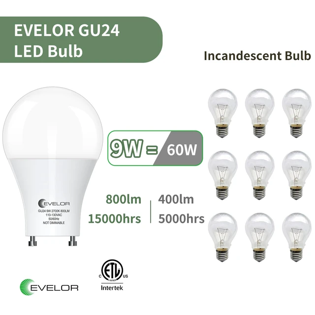 Alt view image 3 of 7 - GU24 LED Light Bulbs,60 Watt Equivalent,Soft White 2700K,6-Packs Efficient 9W,Non-Dimmable,800 LM Twist and Lock 2 Prong Warm Light Bulbs,15000 Hours,Ideal for Kitchen,Living Room,Bedroom