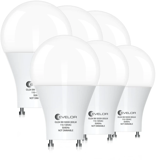 Main image of 6 Pack GU24 LED Light Bulbs,60 Watt Equivalent Daylight White 5000K Efficient 9W,Non-Dimmable,800 Lumens Twist and Lock 2 Prong Light Bulbs,15000 Hours,Ideal for Kitchen,Living Room,Bedroom