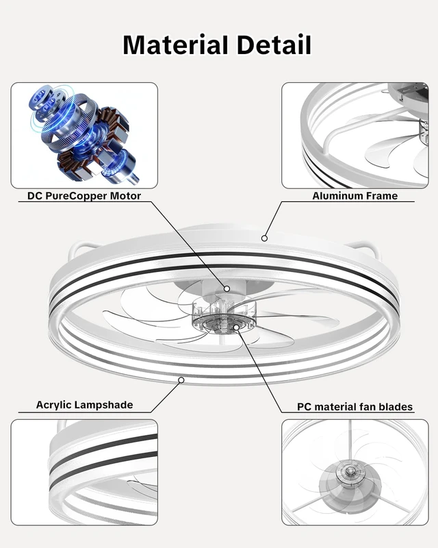 Alt view image 2 of 7 - Ceiling Fan with Lights and Remote, 20in Modern Ceiling Fans 3000K-6500K Smart Ceiling Fans with Lights, Low Profile Flush Mount Ceiling Fan with Light, Quiet Ceiling Fan for Bedroom