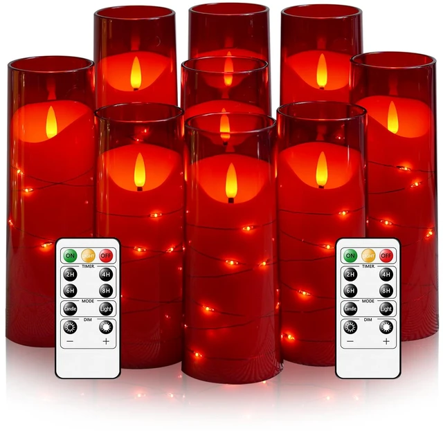 Main image of Flameless Candles with Embedded Star String, Battery Operated LED Pillar Candles with Timer and Remote Control,Home Decorating for Ambiance Set of 9 (Red)