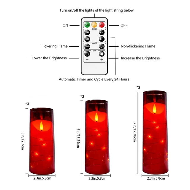 Alt view image 2 of 6 - Flameless Candles with Embedded Star String, Battery Operated LED Pillar Candles with Timer and Remote Control,Home Decorating for Ambiance Set of 9 (Red)