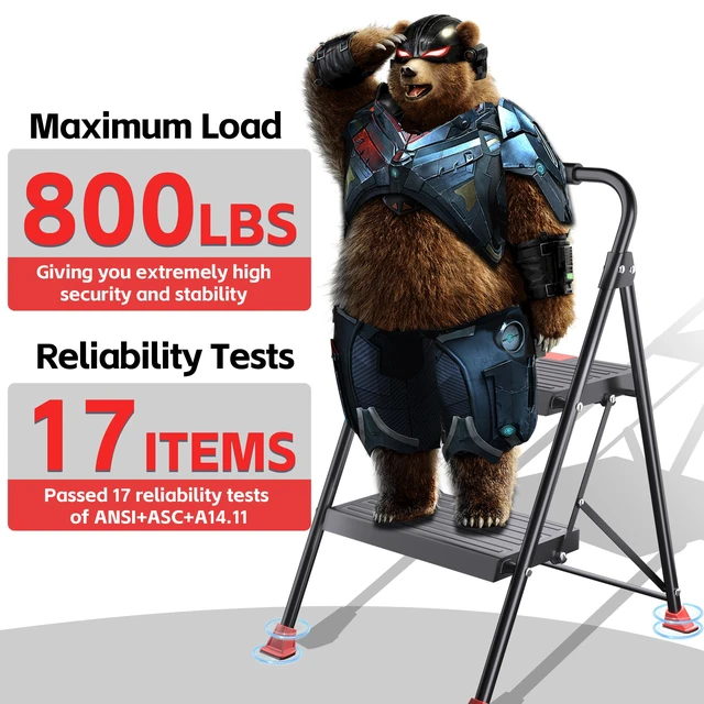 Alt view image 3 of 7 - Foldable Step Ladder Stool - 2-Stepping Extension Tall Heavy Duty with Handrails, 800Lbs Capacity for Home Adults Kitchen, Closet Indoor House Extendable Stepstool Stair Ladders