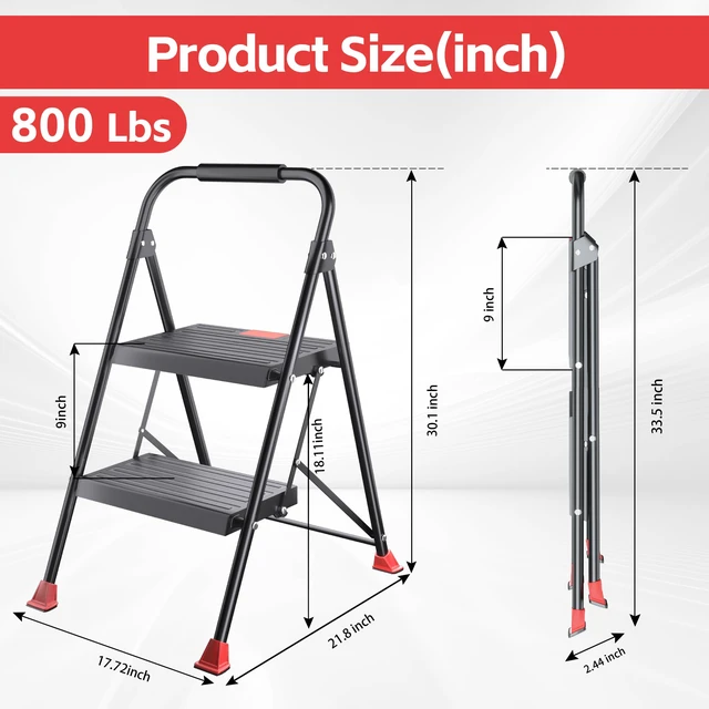 Alt view image 4 of 7 - Foldable Step Ladder Stool - 2-Stepping Extension Tall Heavy Duty with Handrails, 800Lbs Capacity for Home Adults Kitchen, Closet Indoor House Extendable Stepstool Stair Ladders