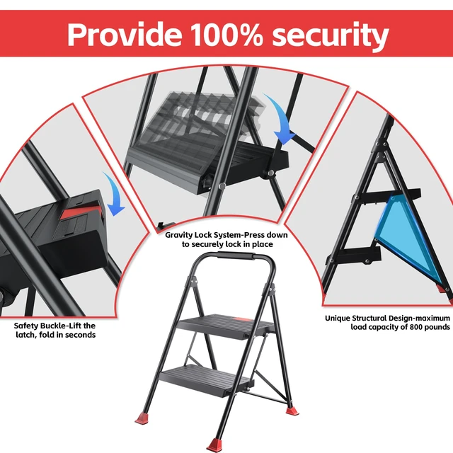 Alt view image 5 of 7 - Foldable Step Ladder Stool - 2-Stepping Extension Tall Heavy Duty with Handrails, 800Lbs Capacity for Home Adults Kitchen, Closet Indoor House Extendable Stepstool Stair Ladders