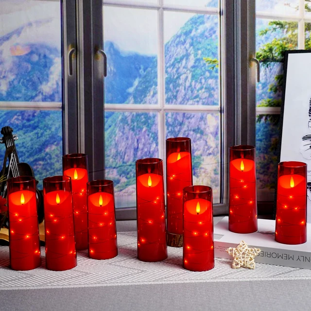 Alt view image 3 of 6 - Flameless Candles with Embedded Star String, Battery Operated LED Pillar Candles with Timer and Remote Control,Home Decorating for Ambiance Set of 9 (Red)