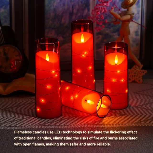 Alt view image 4 of 6 - Flameless Candles with Embedded Star String, Battery Operated LED Pillar Candles with Timer and Remote Control,Home Decorating for Ambiance Set of 9 (Red)