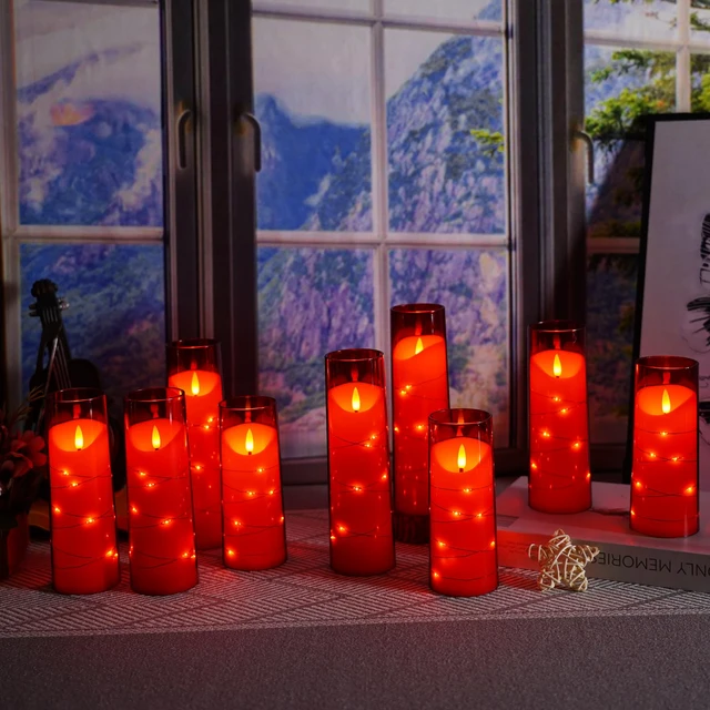 Alt view image 5 of 6 - Flameless Candles with Embedded Star String, Battery Operated LED Pillar Candles with Timer and Remote Control,Home Decorating for Ambiance Set of 9 (Red)