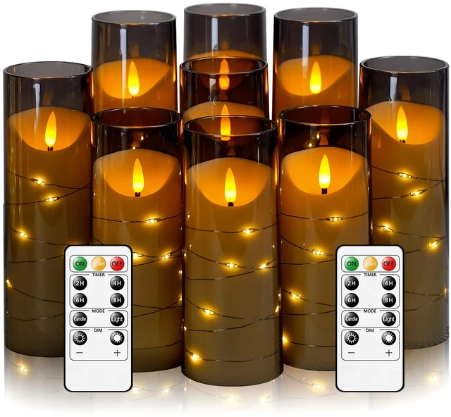 Main image of Flameless Candles with Embedded Star String, Battery Operated LED Pillar Candles with Timer and Remote Control,Home Decorating for Ambiance Set of 9(Grey)