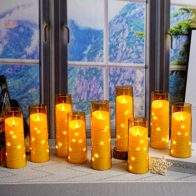 Alt view image 3 of 6 - Flameless Candles with Embedded Star String, Battery Operated LED Pillar Candles with Timer and Remote Control,Home Decorating for Ambiance Set of 9 (Gold)