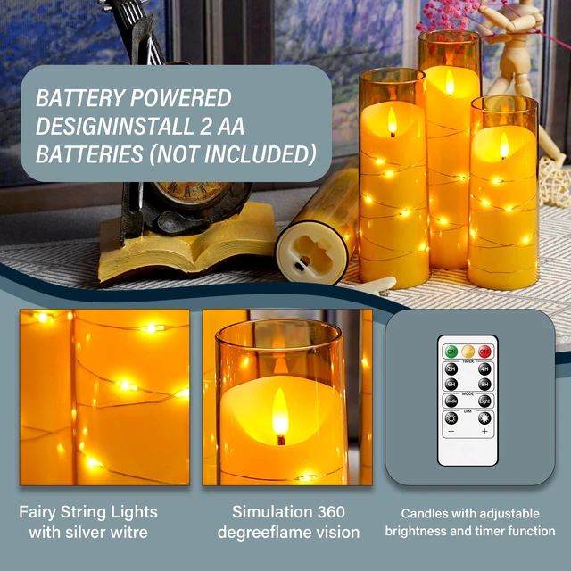 Alt view image 6 of 6 - Flameless Candles with Embedded Star String, Battery Operated LED Pillar Candles with Timer and Remote Control,Home Decorating for Ambiance Set of 9 (Gold)