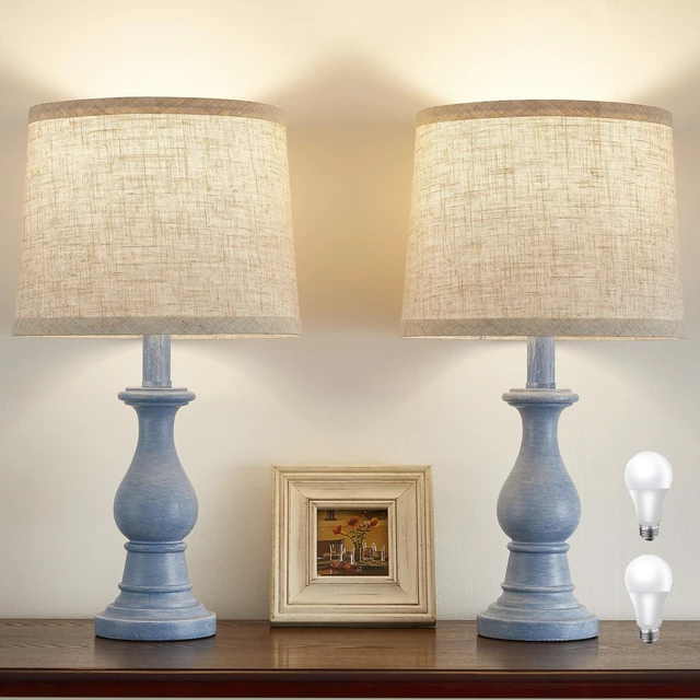 Main image of Table Lamps Set of 2, 18.5" Vintage Bedside Lamps for Bedroom Living Room Farmhouse Nightstand Lamps with Oatmeal Linen Shades, 3 Color Temperature Switchable, Includes 2 LED Bulbs, Blue Base