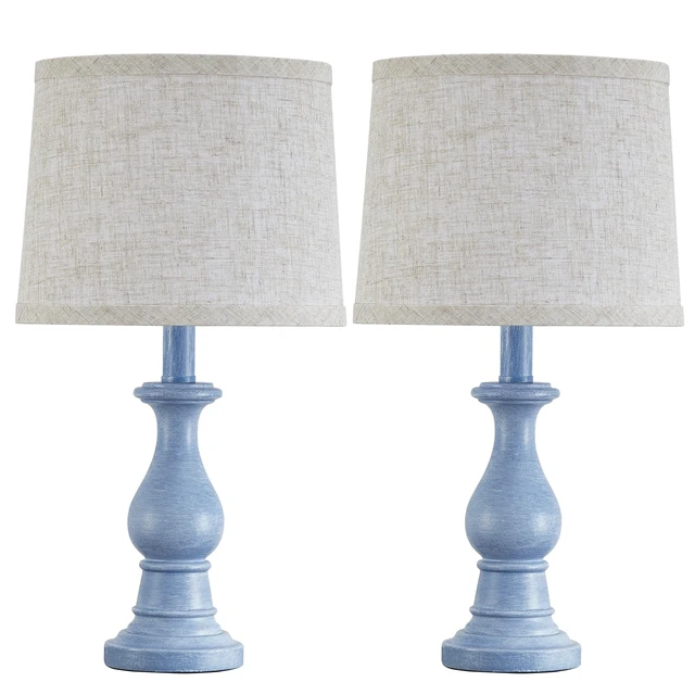 Alt view image 2 of 7 - Table Lamps Set of 2, 18.5" Vintage Bedside Lamps for Bedroom Living Room Farmhouse Nightstand Lamps with Oatmeal Linen Shades, 3 Color Temperature Switchable, Includes 2 LED Bulbs, Blue Base