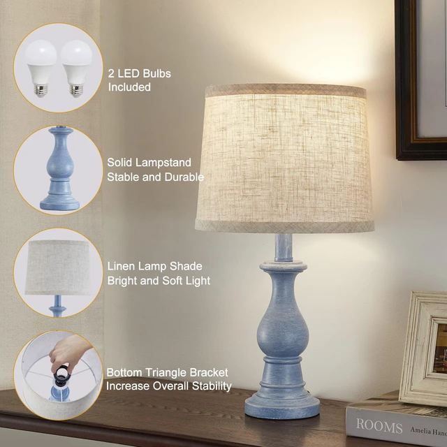 Alt view image 4 of 7 - Table Lamps Set of 2, 18.5" Vintage Bedside Lamps for Bedroom Living Room Farmhouse Nightstand Lamps with Oatmeal Linen Shades, 3 Color Temperature Switchable, Includes 2 LED Bulbs, Blue Base