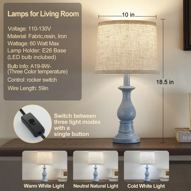 Alt view image 3 of 7 - Table Lamps Set of 2, 18.5" Vintage Bedside Lamps for Bedroom Living Room Farmhouse Nightstand Lamps with Oatmeal Linen Shades, 3 Color Temperature Switchable, Includes 2 LED Bulbs, Blue Base