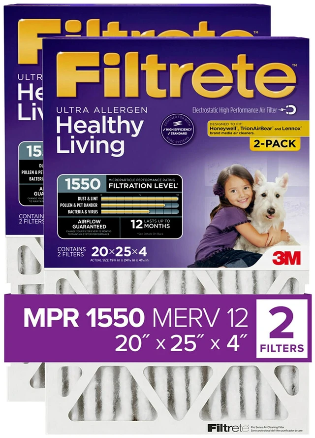 Main image of 20x25x4(SlimFit), AC Furnace Air Filter, MPR 1550 DP, Healthy Living Ultra Allergen Deep Pleat, 2-Pack, Fits Lennox & Honeywell Devices (exact dimensions 19.5 x 24.5 x 3.75)