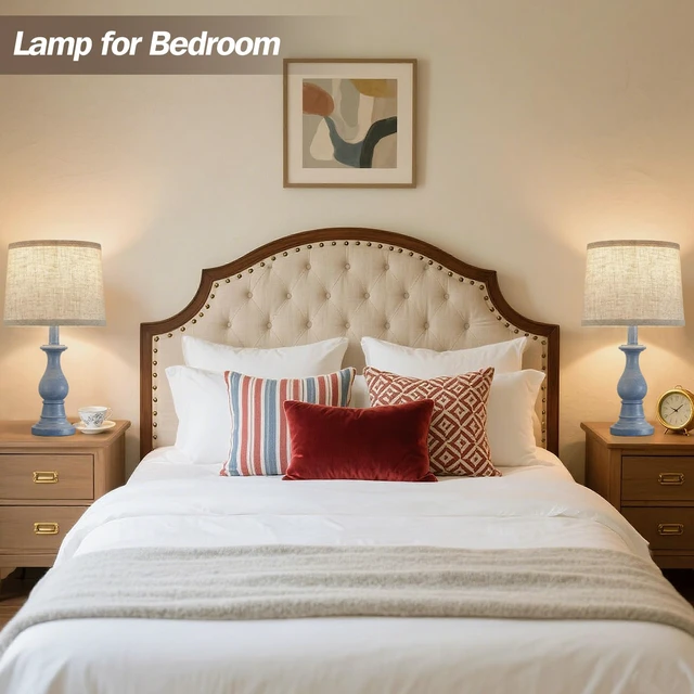 Alt view image 6 of 7 - Table Lamps Set of 2, 18.5" Vintage Bedside Lamps for Bedroom Living Room Farmhouse Nightstand Lamps with Oatmeal Linen Shades, 3 Color Temperature Switchable, Includes 2 LED Bulbs, Blue Base