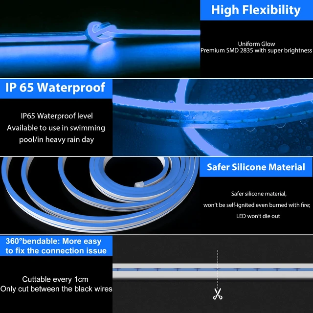 Alt view image 3 of 6 - LED Strip Lights, Blue Neon Rope, 0.39in/Cut DIY, 16.4ft, 12V Waterproof, Silicone Flexible, Connectable for Bedroom, Cabinet, Commercial Sign Decor, 6mm Wide, Not Included Power Adapter