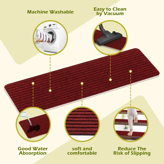 Alt view image 4 of 7 - Carpet Stair Treads for Wooden Steps Non-Slip Indoor 16pcs 8x30inch Safety Rug Slip Resistant Indoor Runner for Kids Elders and Pets with Reusable Adhesive,Dark Red
