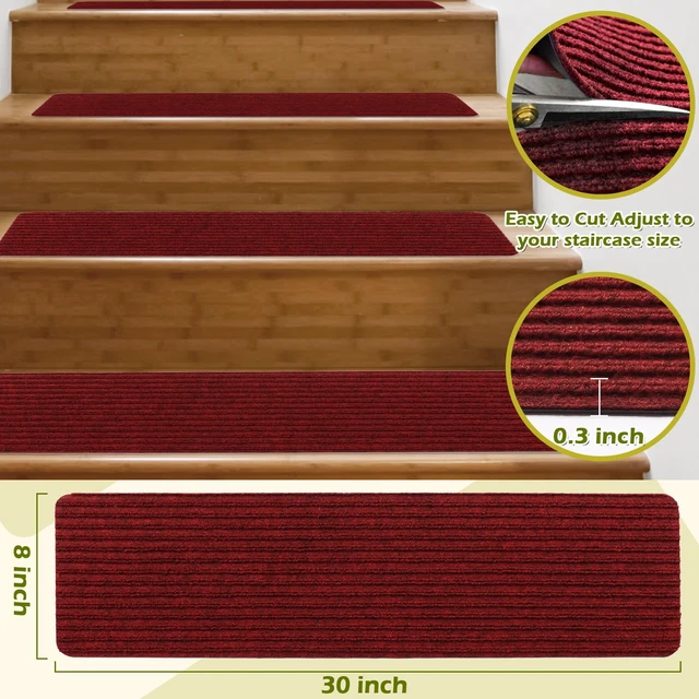 Alt view image 2 of 7 - Carpet Stair Treads for Wooden Steps Non-Slip Indoor 16pcs 8x30inch Safety Rug Slip Resistant Indoor Runner for Kids Elders and Pets with Reusable Adhesive,Dark Red