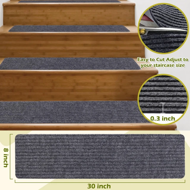 Alt view image 2 of 7 - Stair Treads Non-Slip 16 Pack 8"x30" - Carpet Stair Runner for Indoor Wooden Steps with TPE Backing & Anti-Skid Surface, Reusable Adhesive Safety Rug for Kids/Elder/Pet-Friendly - Grey