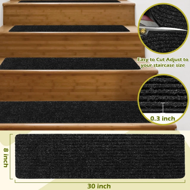 Alt view image 2 of 7 - Carpet Stair Treads for Wooden Steps Non-Slip Indoor 16pcs 8x30inch Stair Treads Carpet Anti Slip for Dogs, Elders, Kids Stair Runners for Wooden Steps Stair Pads Mats Covers Pads, Black